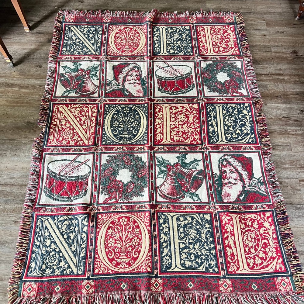 Vintage Old World Santa Noel Woven Tapestry Throw Blanket Christmas Fringe 72x49